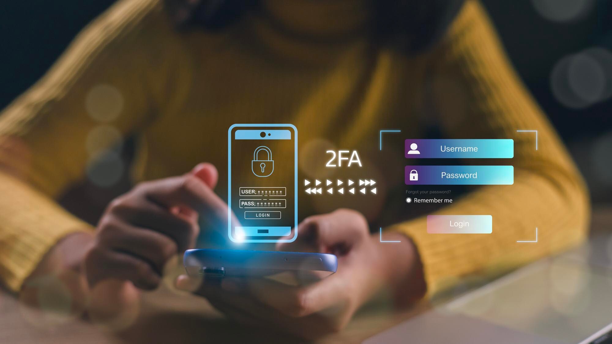 2FA zwiększa bezpieczeństwo konta TwoFactor Authentication futurystyczny ekran wirtualnego interfejsu wyświetlający koncepcję 2FA Prywatność chroni dane i bezpieczeństwo cybernetyczne