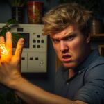 Mężczyzna wyłącza światła i urządzenia, aby zaoszczędzić energię