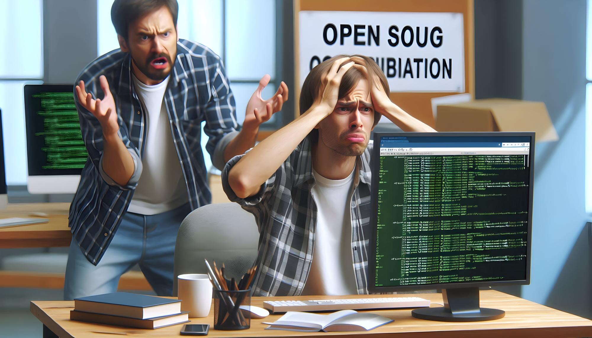 Zdjęcie realistyczne, gdy deweloper patrzy na nieudany wkład open source, wydając się sfrustrowany
