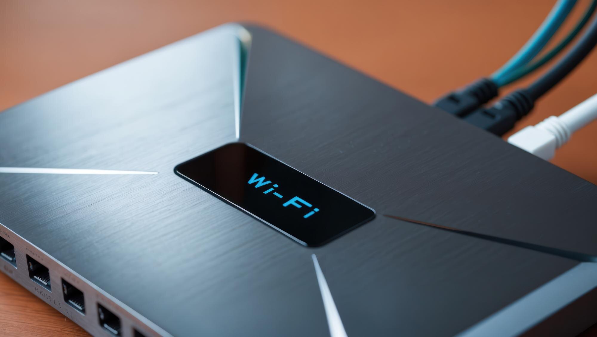 Nowoczesny router na drewnianym stole symbolizujący łączność domową i technologię