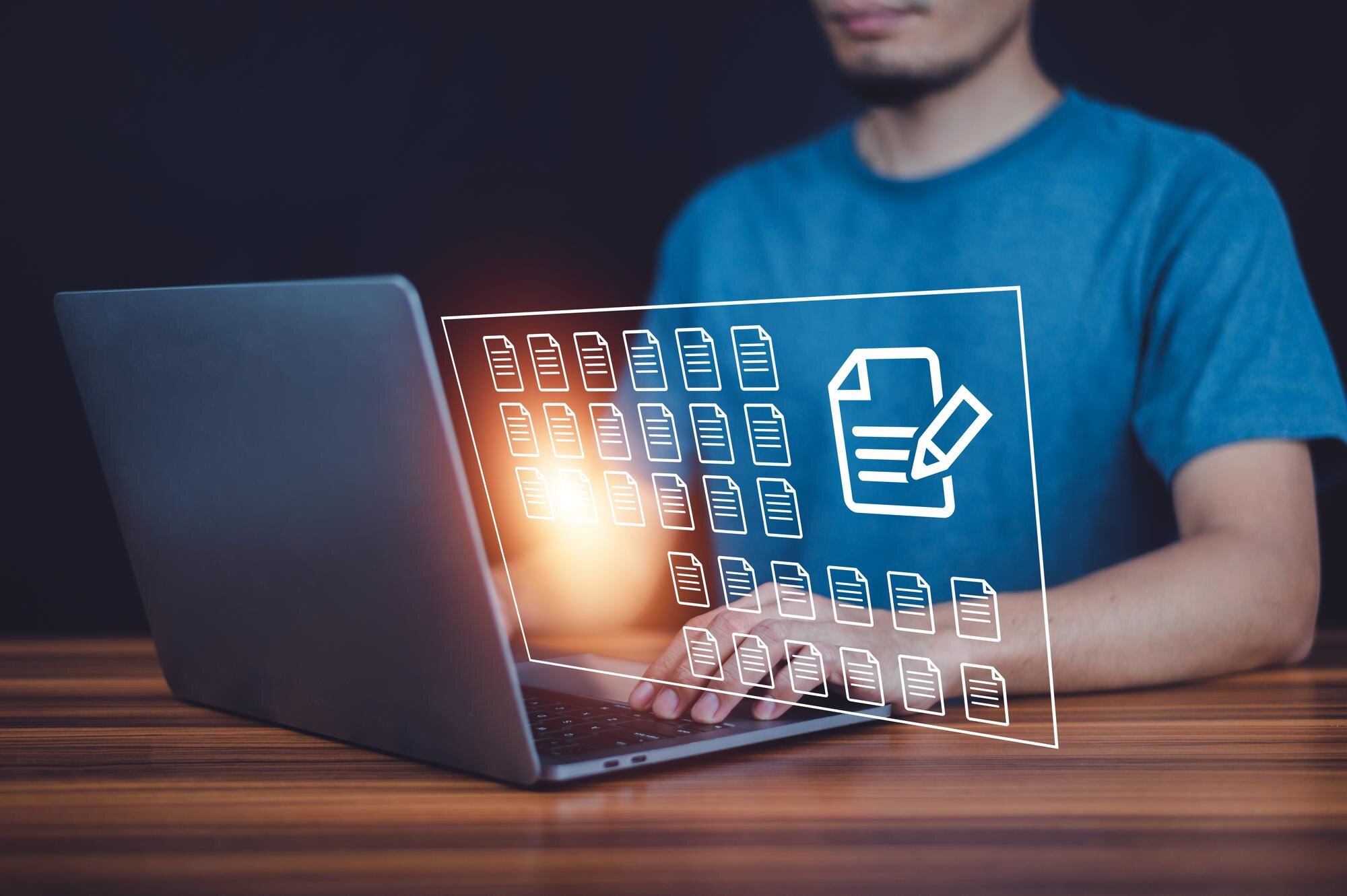 Biznesmen online komputerowa koncepcja zarządzania dokumentami baza danych dokumentacji online