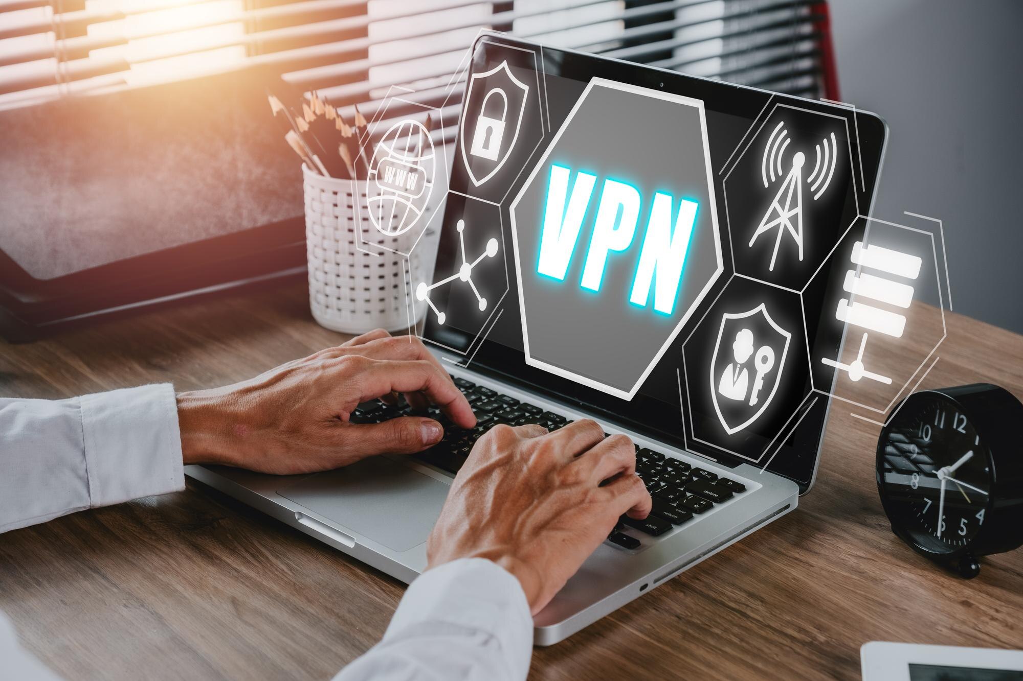 Koncepcja protokołu wirtualnej sieci prywatnej VPN Człowiek ręcznie pisze na klawiaturze komputera z ikoną vpn na ekranie VR