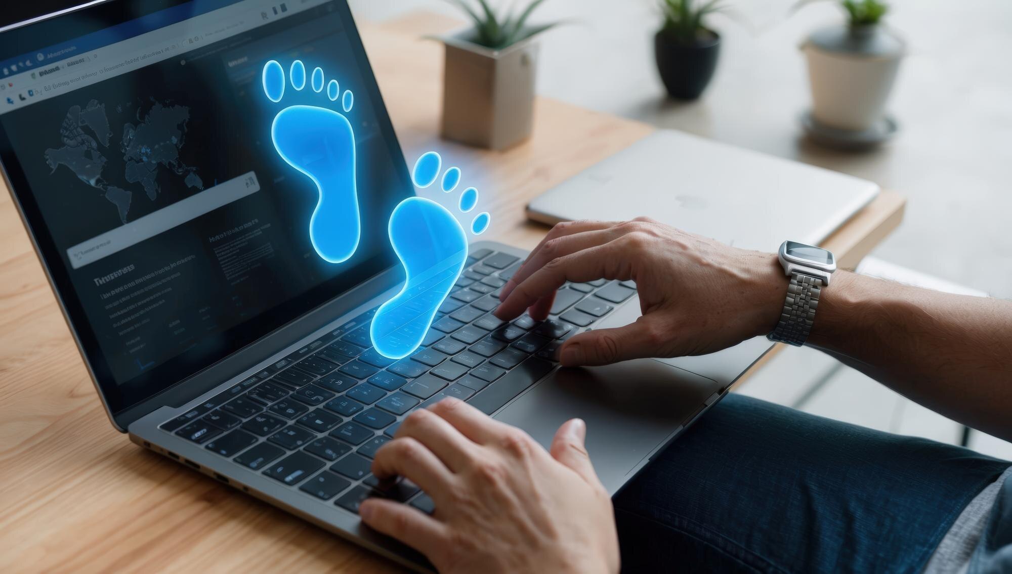 para świecących niebieskich cyfrowych odcisków stóp na ekranie laptopa używanego przez osobę