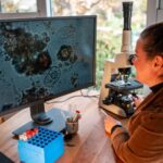 rolnik zbierający próbki gleby w rurce testowej na polu Agronom sprawdzający węgiel w glebie i zdrowie roślin na farmie za pomocą badania gleby pod mikroskopem
