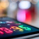A macro view of a tablet screen displaying a Cyber Monday flash sale timer showcasing pixelated numbers and vibrant colors under ambient light with a blurred shopping app in the background