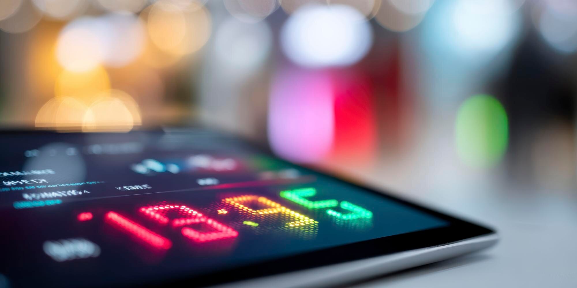 A macro view of a tablet screen displaying a Cyber Monday flash sale timer showcasing pixelated numbers and vibrant colors under ambient light with a blurred shopping app in the background